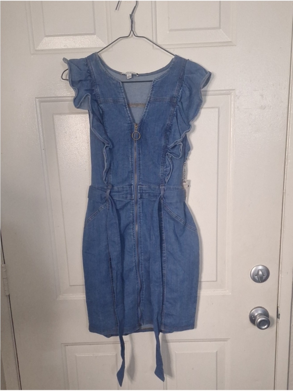 Denim Zip-Front Ruffle Dress in Medium Blue